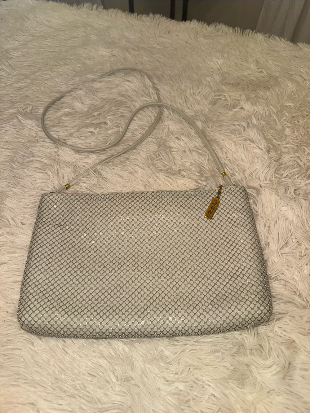 Vintage Whiting and Davis Metallic Ivory Mesh Shoulder Bag with Gold Hardware